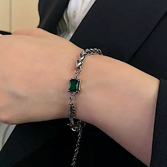Sterling Silver Emerald Tube Chain Bracelet Matching Oversized Resizable Ring - Picture 7 of 8
